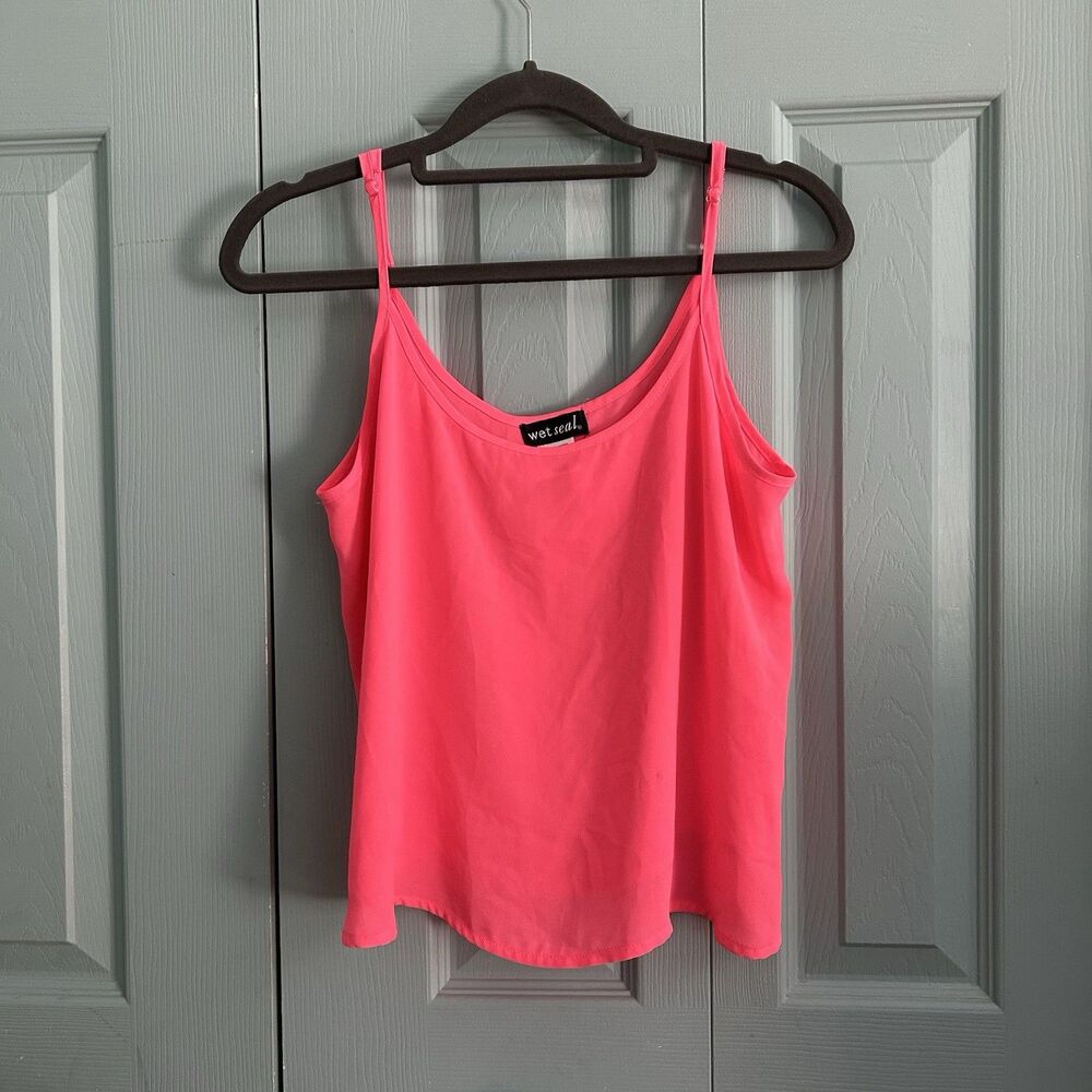 Wet Seal Pink Chiffon Cropped Tank Top Medium Rave Neon Flowy Adjustable Strap‎